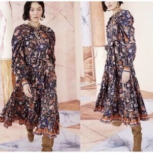 Ulla Johnson Samar Midi Dress Cottagecore Midnight Print Long Sleeve Size 6